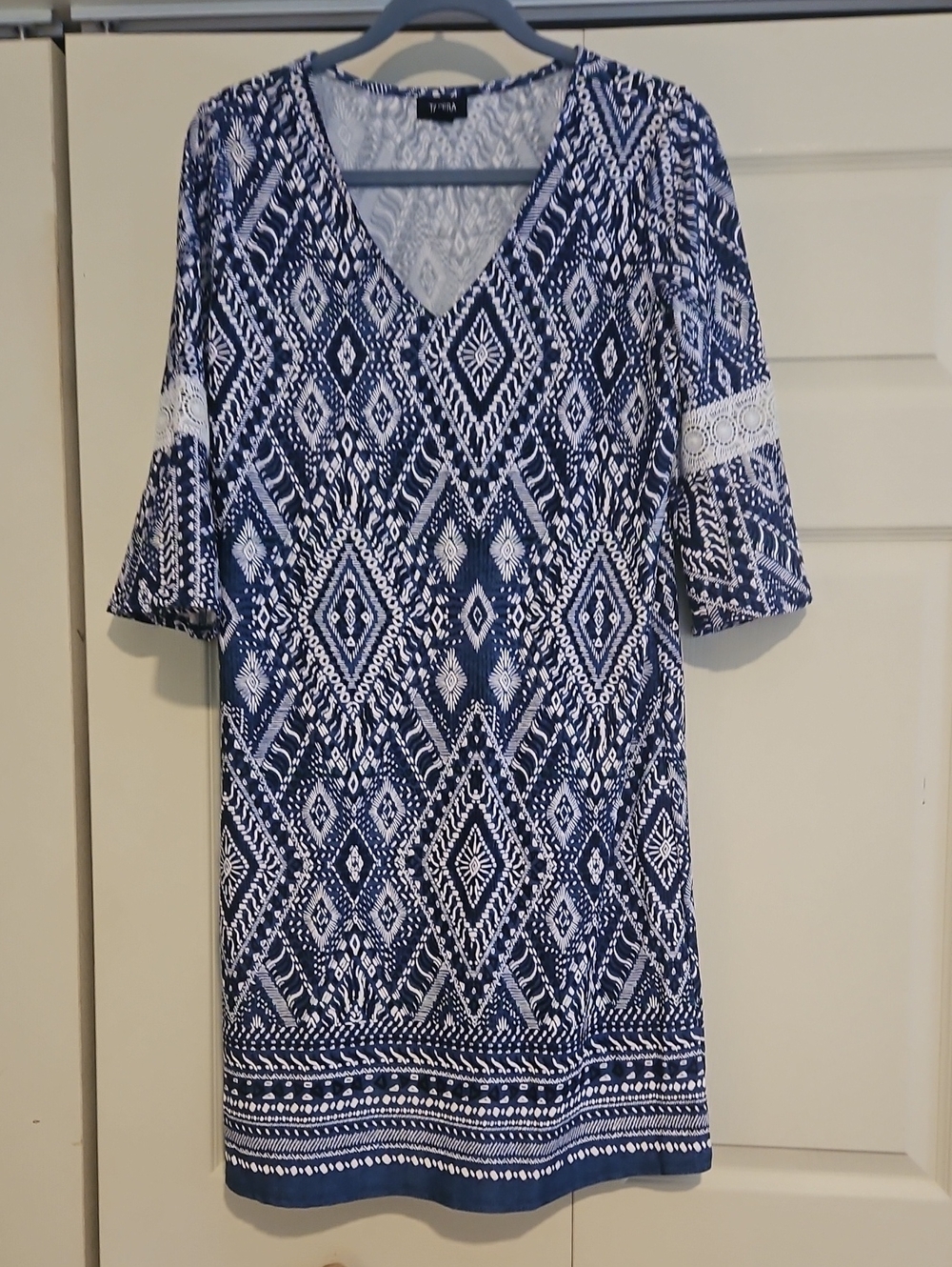 Tacera Navy and White Geometric Midi Dress